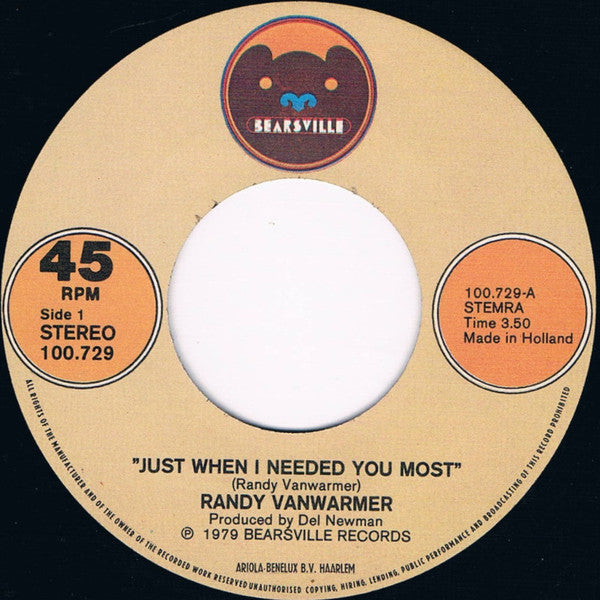 Randy Vanwarmer : Just When I Needed You Most (7",Single,45 RPM)