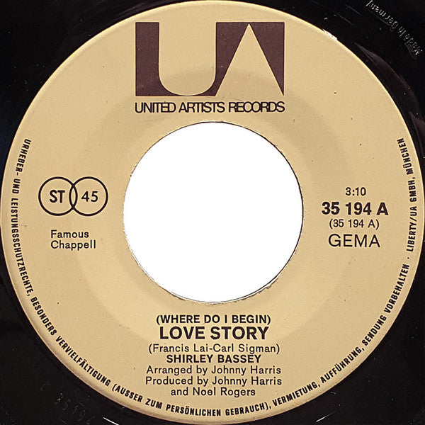 Shirley Bassey : Love Story / For The Love Of Him (7",45 RPM,Single,Stereo)