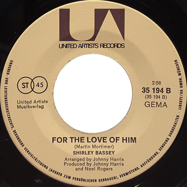 Shirley Bassey : Love Story / For The Love Of Him (7",45 RPM,Single,Stereo)