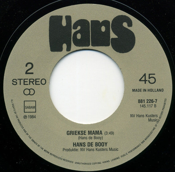 Hans De Booy : Vanavond (7",45 RPM,Single)