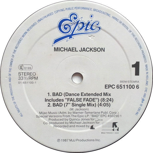 Michael Jackson : Bad (12",33 ⅓ RPM,Maxi-Single)