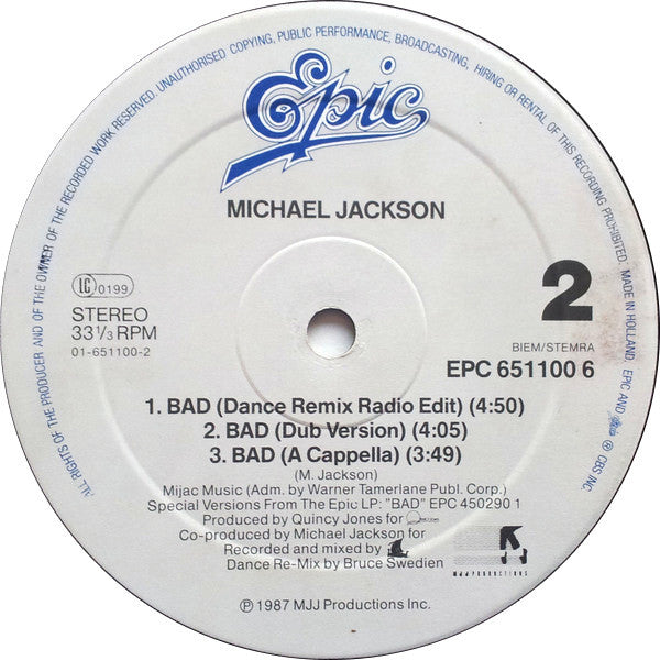 Michael Jackson : Bad (12",33 ⅓ RPM,Maxi-Single)