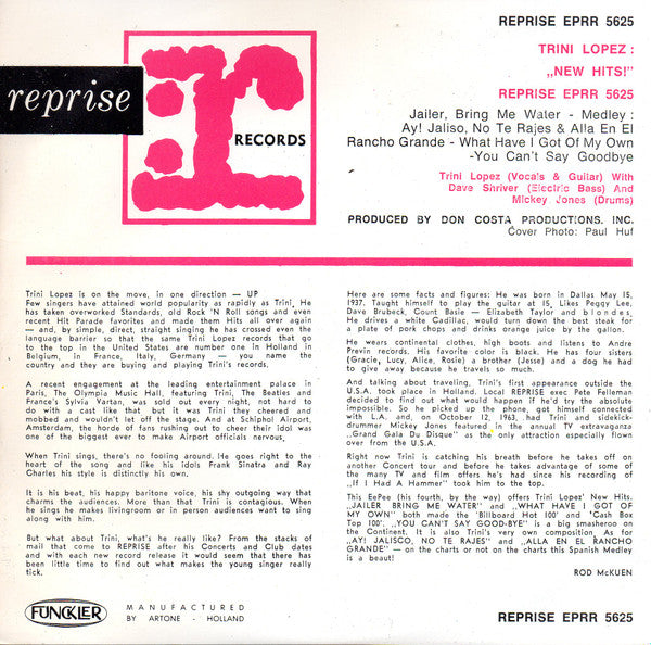 Trini Lopez : Jailer Bring Me Water (7",45 RPM,EP)