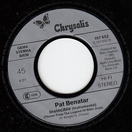 Pat Benatar : Invincible (Theme From The Legend Of Billie Jean) (7",45 RPM,Single,Stereo)