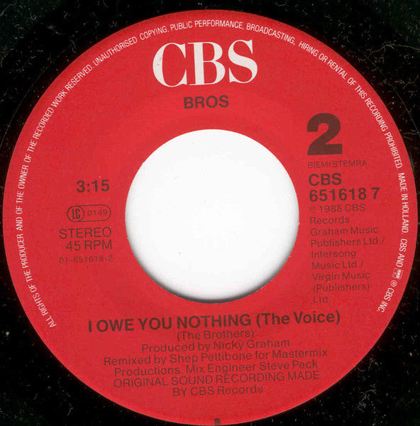 Bros : I Owe You Nothing (7",45 RPM)