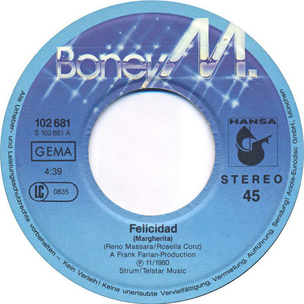 Boney M. : Felicidad (Margherita) (7",45 RPM,Single)