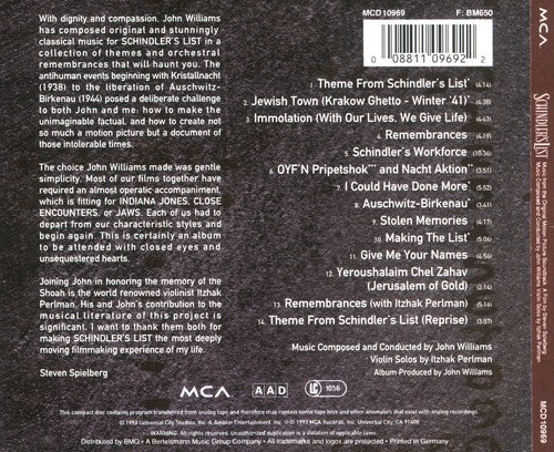John Williams (4) : Schindler's List (Music From The Original Motion Picture Soundtrack) (Album)