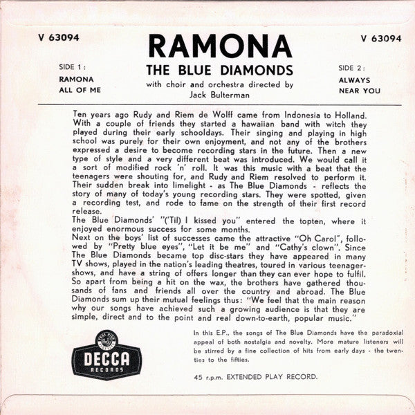 Blue Diamonds, The : Ramona (7",45 RPM,EP,Mono)