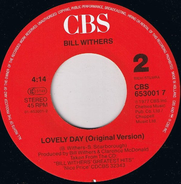 Bill Withers : Lovely Day (Sunshine Mix) (7",45 RPM,Single,Stereo)