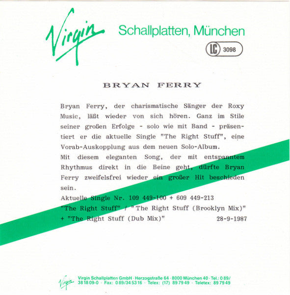 Bryan Ferry : The Right Stuff (7",45 RPM,Single,Stereo)