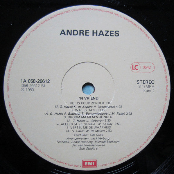 André Hazes : 'n Vriend (LP,Album)