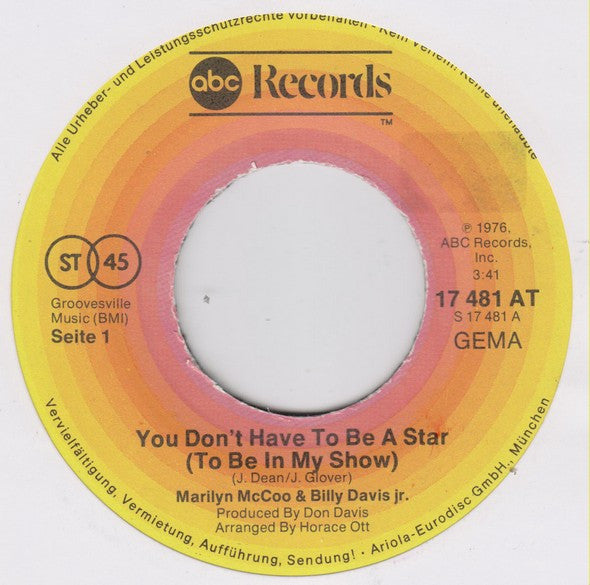 Marilyn McCoo & Billy Davis Jr. : You Don't Have To Be A Star (7",Single,45 RPM)
