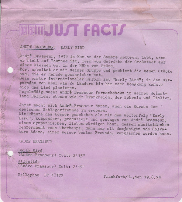 André Brasseur : Early Bird (7", Single, RP)