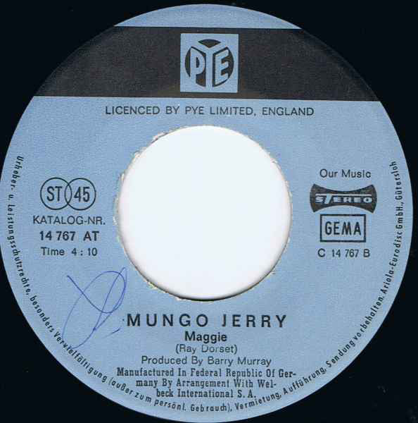 Mungo Jerry : Mungo's Blues (Dust Pneumonia Blues) (7",Single,45 RPM)