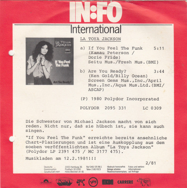 La Toya Jackson : If You Feel The Funk (7",45 RPM,Single,Stereo)