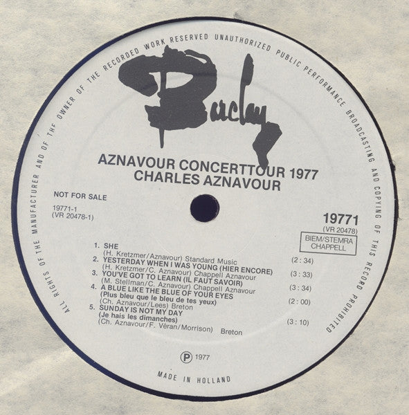 Charles Aznavour Presentatie Lou Van Rees : Concerttournée 1977 (Amsterdam, Den Haag, Rotterdam) (LP,Compilation,Promo)