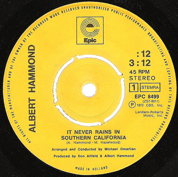 Albert Hammond : It Never Rains In Southern California (7", Single)