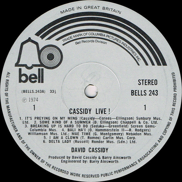 David Cassidy : Cassidy Live! (LP,Album,Stereo)