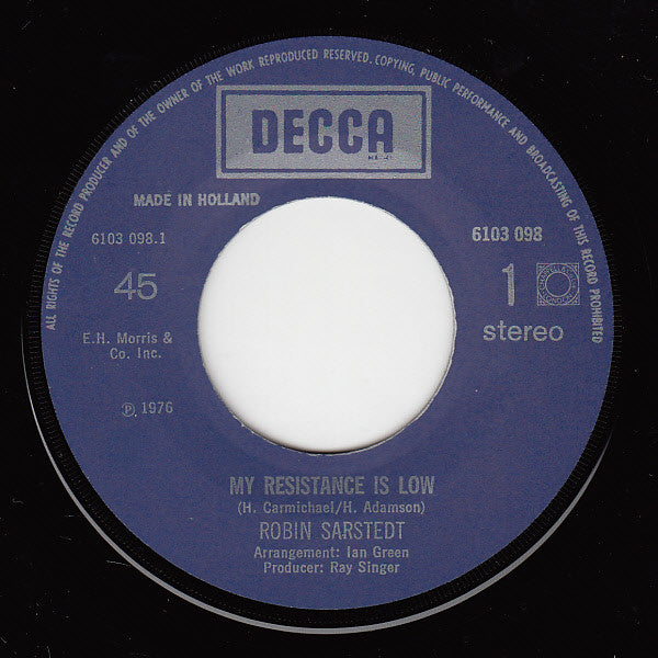 Robin Sarstedt : My Resistance Is Low (7",45 RPM)