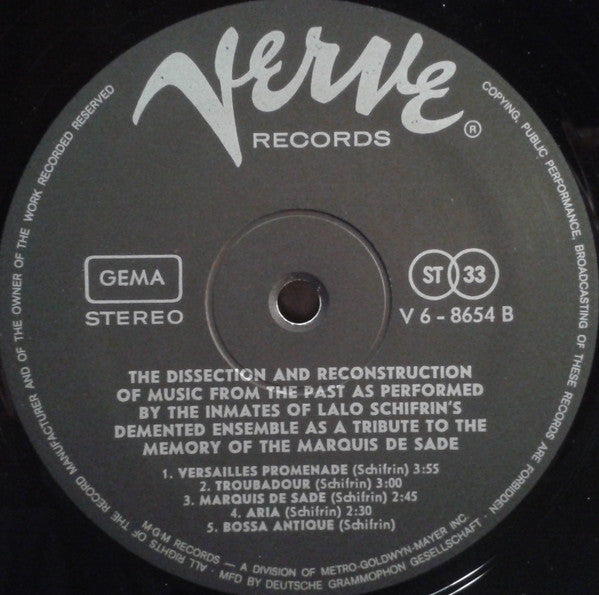 Lalo Schifrin : The Dissection And Reconstruction Of Music From The Past As Performed By The Inmates Of Lalo Schifrin's Demented Ensemble As A Tribute To The Memory Of The Marquis De Sade (LP,Album,Stereo)