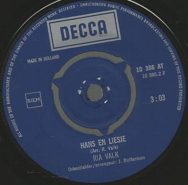 Ria Valk : Vrijgezellen-Flat / Hans En Liesje (7",45 RPM,Single,Mono)