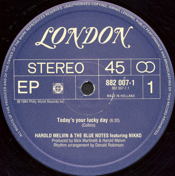 Harold Melvin And The Blue Notes Featuring Nikko (5) : Today's Your Lucky Day (12",EP,45 RPM)
