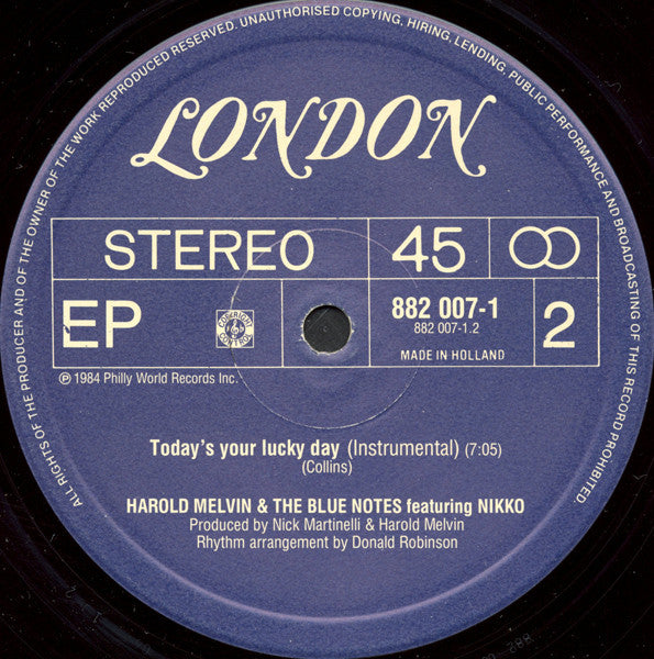 Harold Melvin And The Blue Notes Featuring Nikko (5) : Today's Your Lucky Day (12",EP,45 RPM)