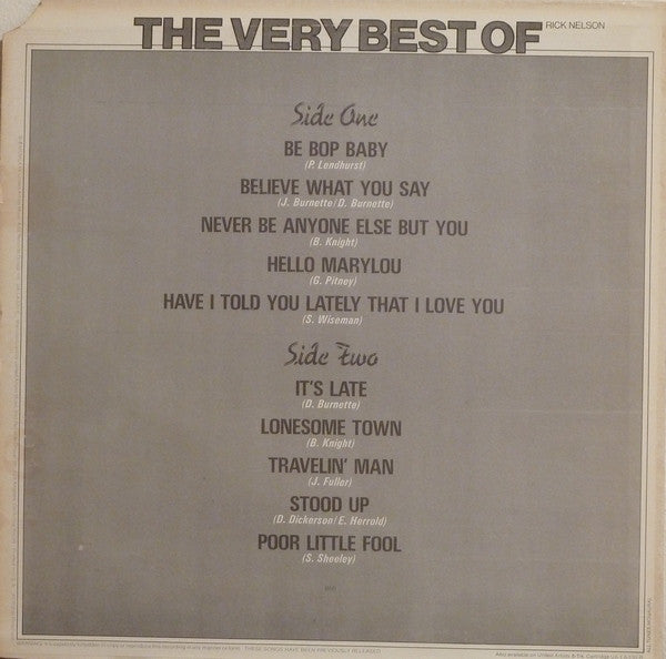 Rick Nelson* : The Very Best Of Rick Nelson (LP, Comp, Mono)