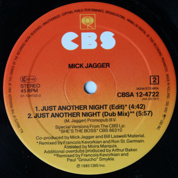 Mick Jagger : Just Another Night (12",45 RPM,Maxi-Single)