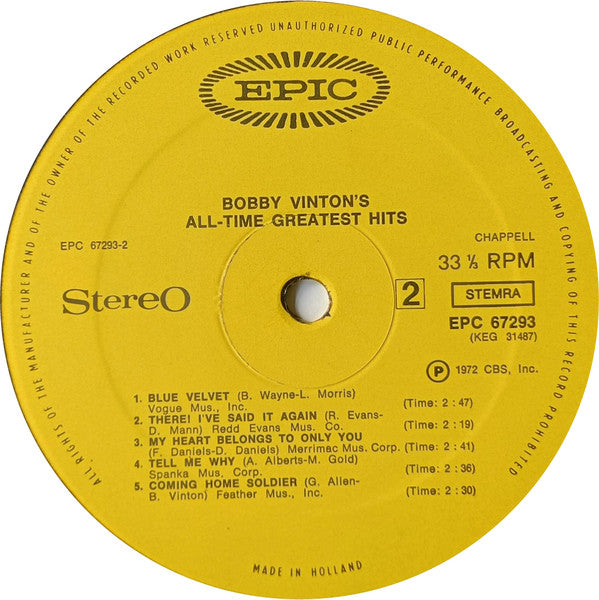 Bobby Vinton : Bobby Vinton' All-Time Greatest Hits (LP,Compilation)