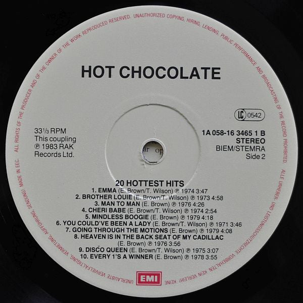 Hot Chocolate : 20 Hottest Hits (LP,Compilation,Stereo)