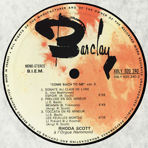 Rhoda Scott : A L'Orgue Hammond Vol. 3 Come Bach To Me (LP,Album)