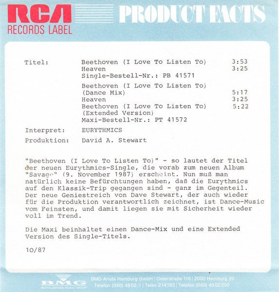 Eurythmics : Beethoven (7",45 RPM,Single,Stereo)
