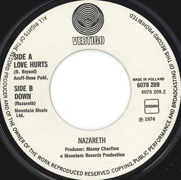 Nazareth (2) : Love Hurts / Down (7",Single,45 RPM)