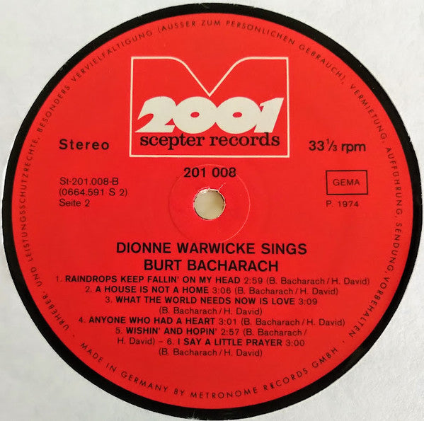 Dionne Warwick : Dionne Warwicke Sings Burt Bacharach (LP,Compilation,Stereo)