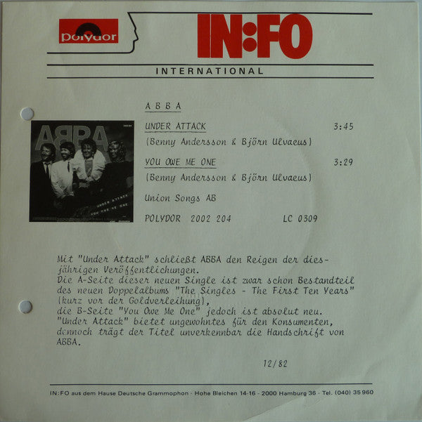 ABBA : Under Attack / You Owe Me One (7",45 RPM,Single,Stereo)