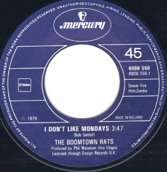 Boomtown Rats, The : I Don't Like Mondays (7",45 RPM,Single)