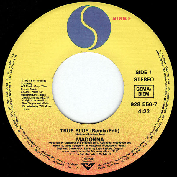 Madonna : True Blue (Remix/Edit) (7",45 RPM,Single,Stereo)