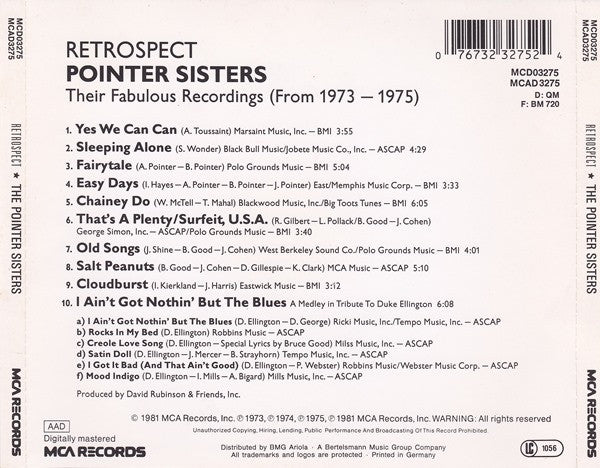 Pointer Sisters : Retrospect - Their Fabulous Recordings (From 1973-1975) (Compilation,Stereo)