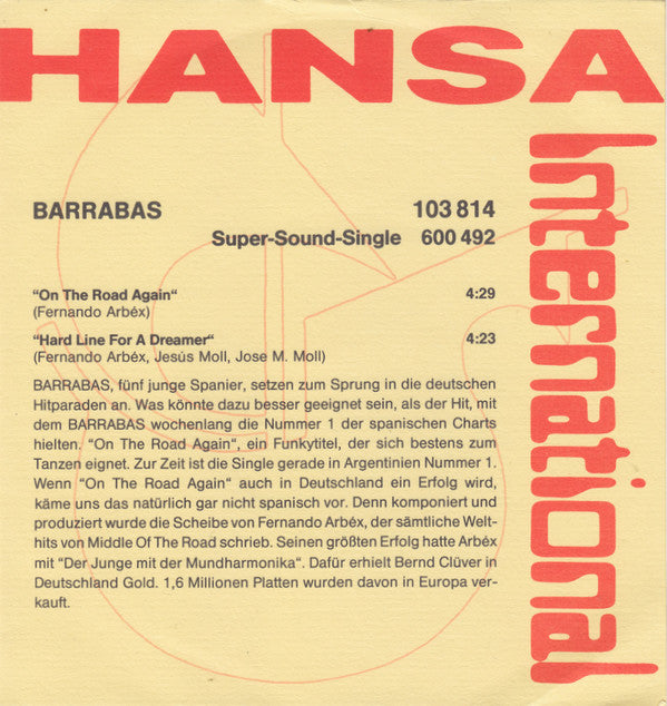 Barrabas : On The Road Again / Hard Line For A Dreamer (7",45 RPM,Single,Stereo)