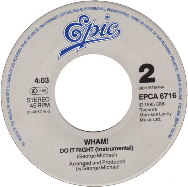Wham! : I'm Your Man (7",45 RPM,Single,Stereo)