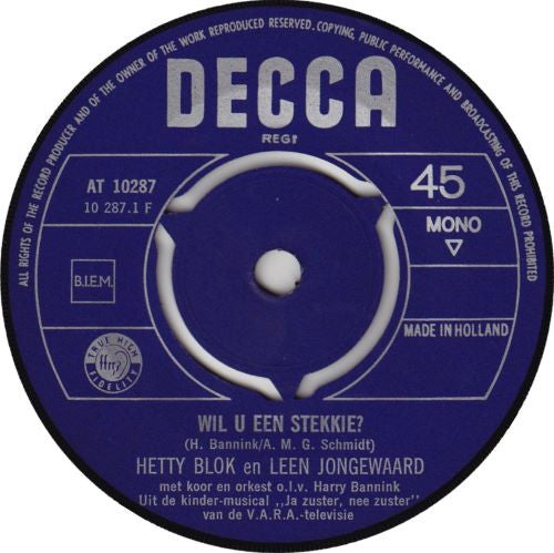 Hetty Blok En Leen Jongewaard : Wil U Een Stekkie? (7",Single,45 RPM,Mono)