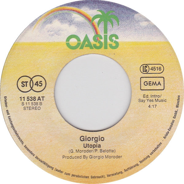 Giorgio Moroder : From Here To Eternity / Utopia (7",45 RPM,Single,Stereo)