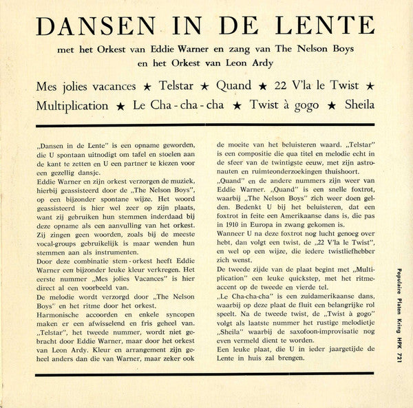 L'Orchestre D'Eddie Warner, Nelson Boys, The, Orchester Leon Ardy : Dansen In De Lente (7",EP,33 ⅓ RPM)