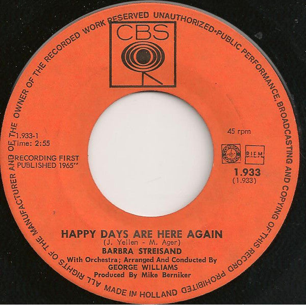 Barbra Streisand : Happy Days Are Here Again (7",45 RPM,Single)