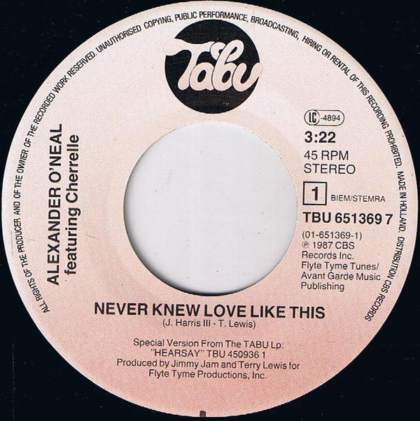 Alexander O'Neal Featuring Cherrelle : Never Knew Love Like This (7", Single)