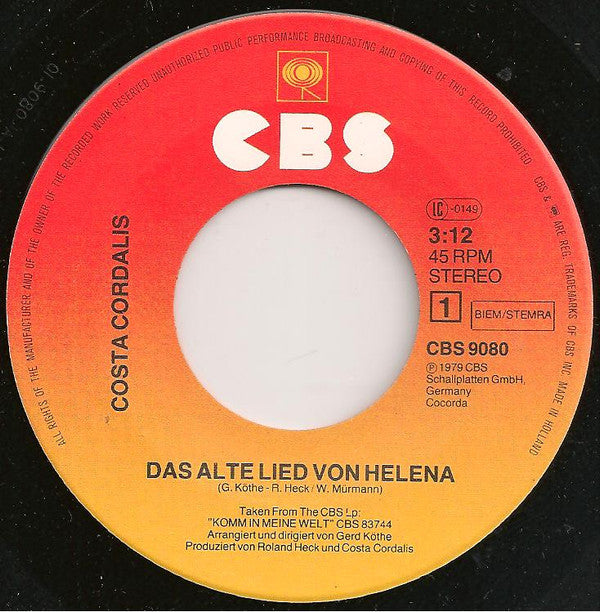 Costa Cordalis : Das Alte Lied Von Helena (7",45 RPM,Single,Stereo)