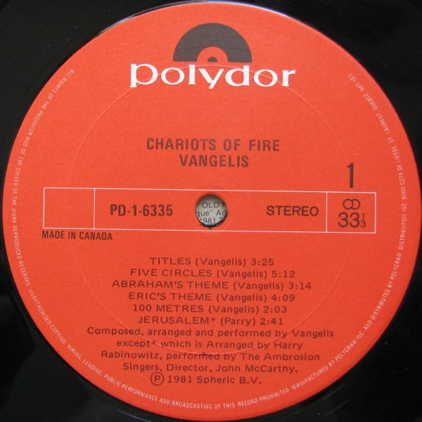 Vangelis : Chariots Of Fire (LP,Album,Stereo)