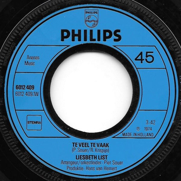 Liesbeth List : Te Veel Te Vaak (7",45 RPM,Single)