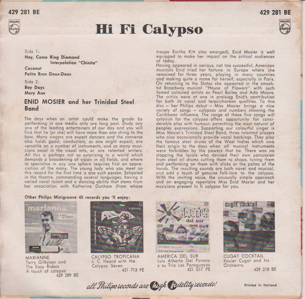 Enid Mosier And Her Trinidad Steel Band : Hi Fi Calypso (7",EP)